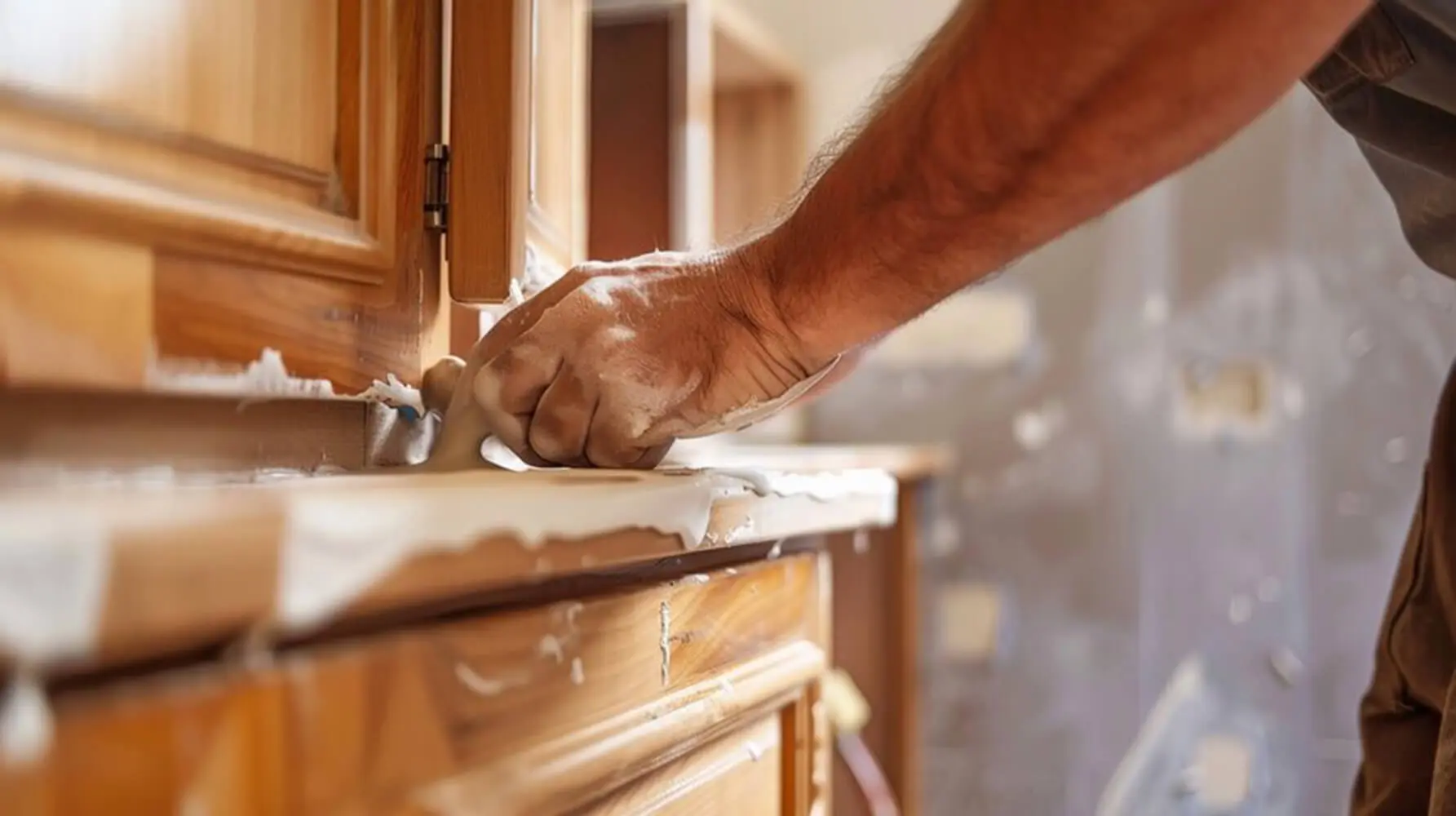 Painter sanding a wood cabinet surface as part of the professional cabinet refinishing process